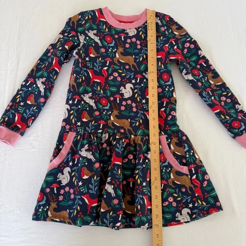 Mini Boden | Woodland Animal Dress Navy Fox Deer Print Long Sleeve | Girls 9-10Y